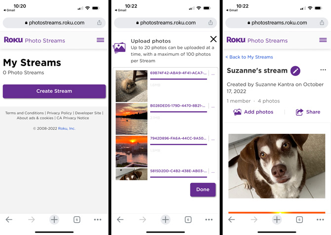 Three screenshots of Roku Photo Stream upload process. From the left, the first screenshot shows a screen with a purple button the says Create Stream. The second screenshot shows four photos being uploaded to a stream. The third screenshot shows Suzanne's stream and you can see one picture of a dog. 