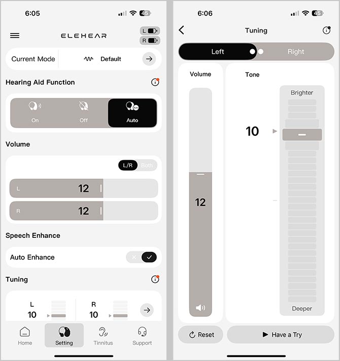 Two screenshots of the Elehear app: on the left, you see the main audio adjustment controls, and on the right, you see the tuning control for volume and tone 