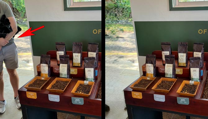 A before shot on the left has half a person, the after shot on the right has no person, though a couple of artifacts.