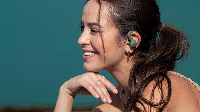 JLab Go Air Sport+ are shown from the side on ear