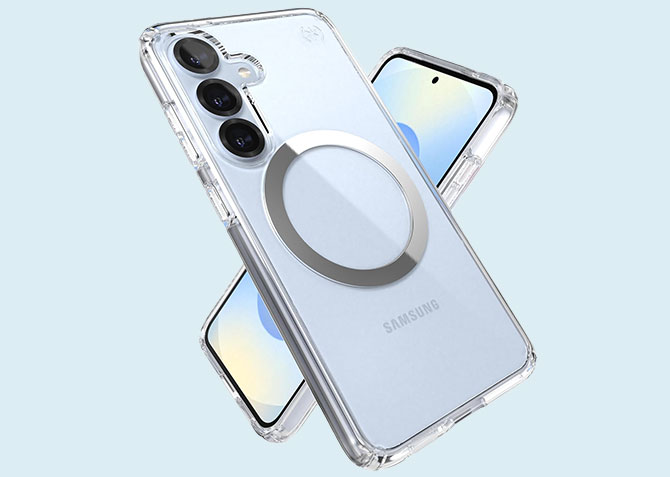 Speck Presidio Perfect-Clear Magnet Case is shown from the back in the foreground and the front in the background